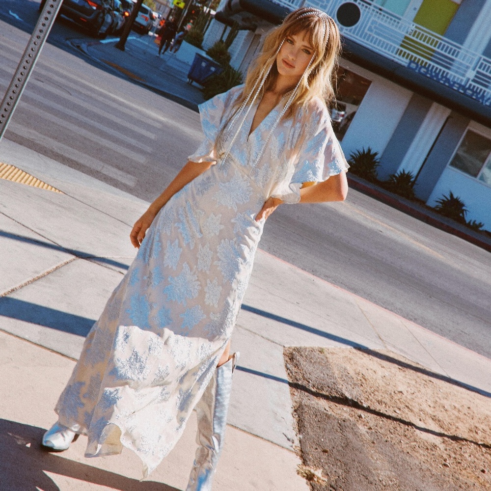 Metallic Angel Sleeve Open Back Maxi Dress